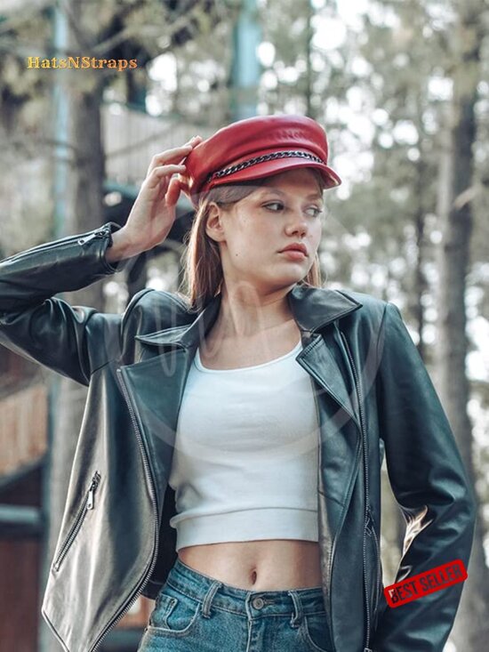 Genuine Sheepskin Leather Women\'s Newsboy Cap Adjustable main image 5